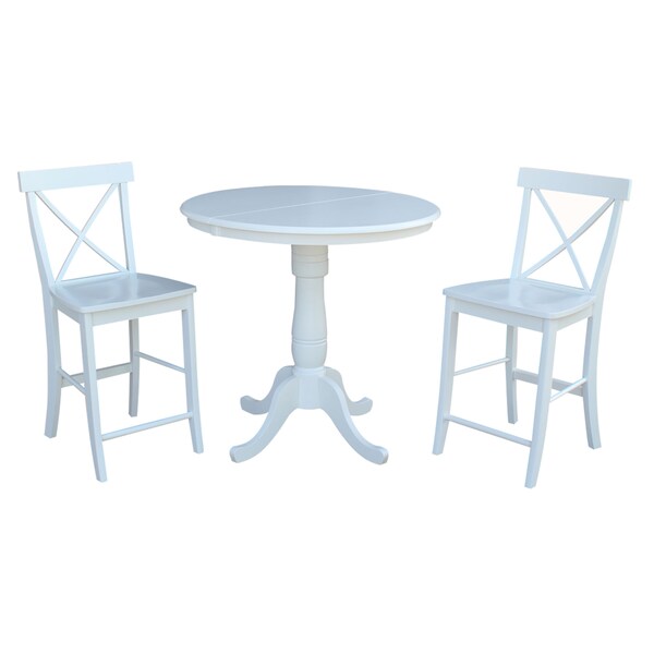 International Concepts Round 36 in Rd Extension Dining Table 36 inH, 2 X-Back Counter Ht Stools, White, 36 in W, 48 in L K08-36RXT-S6132 - main